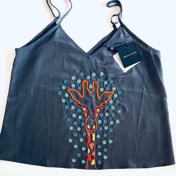 NWT America & Beyond grey giraffe tank camisole Womens Small beaded embroidered - Picture 2 of 9